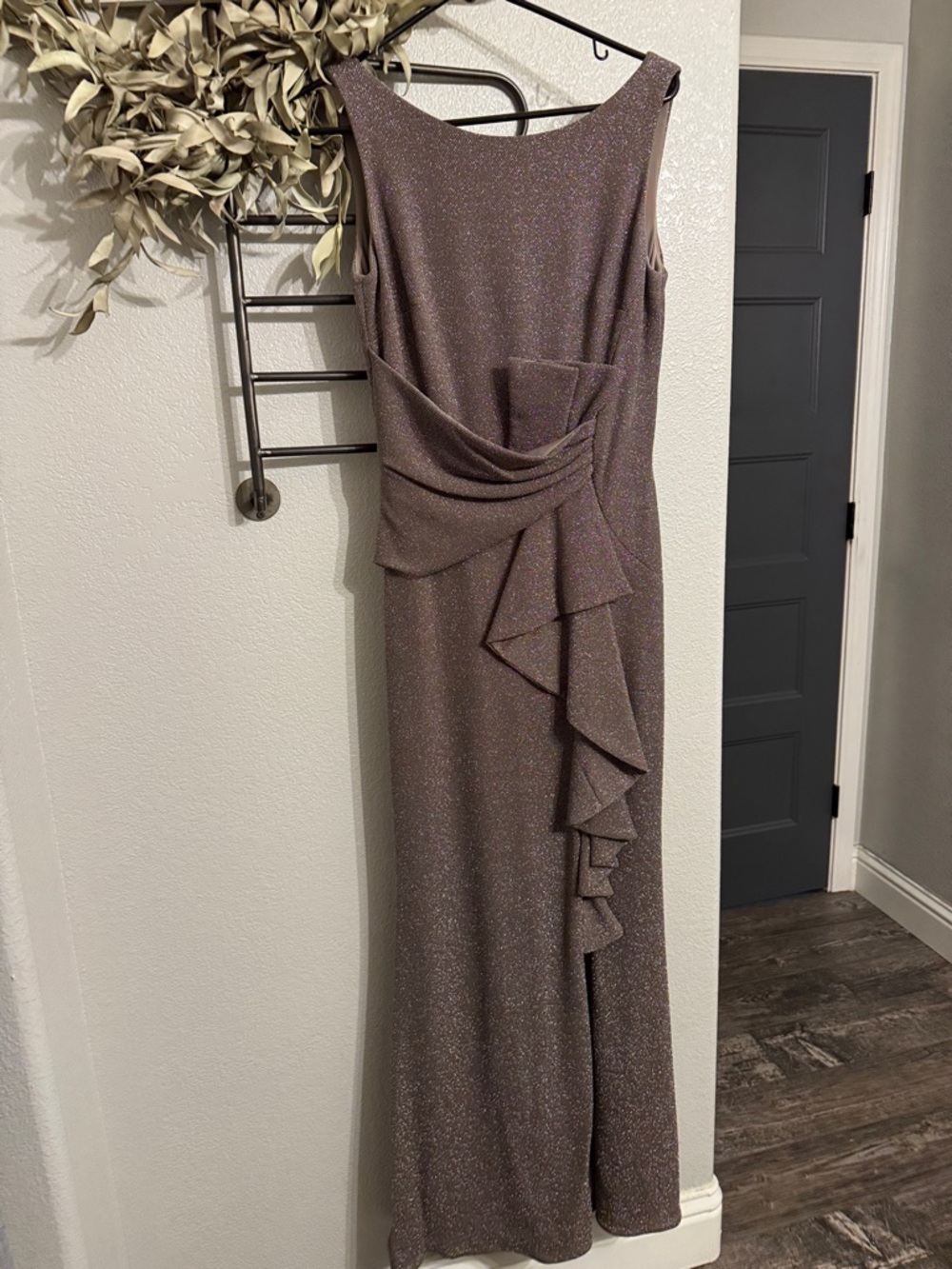 Sleeveless Taupe Glitter Maxi Dress with Draped Ruffle Detail